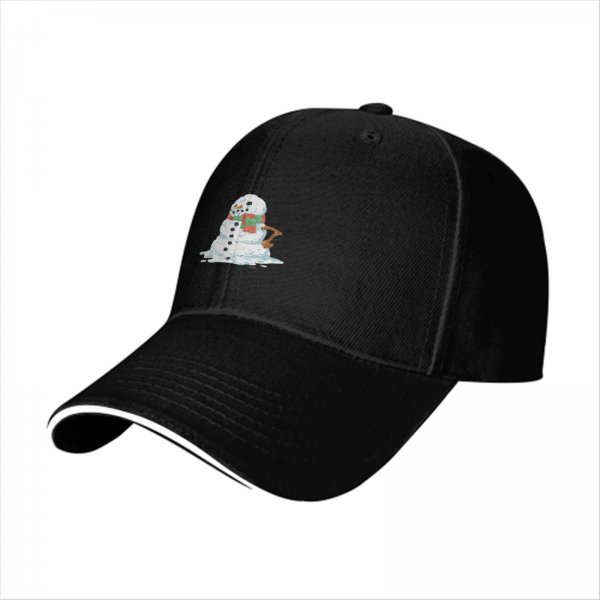 Black baseball cap with a melting snowman graphic for winter style