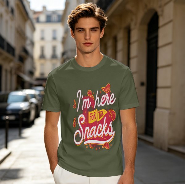 Olive green graphic tee with 'I'm here for the snacks' print