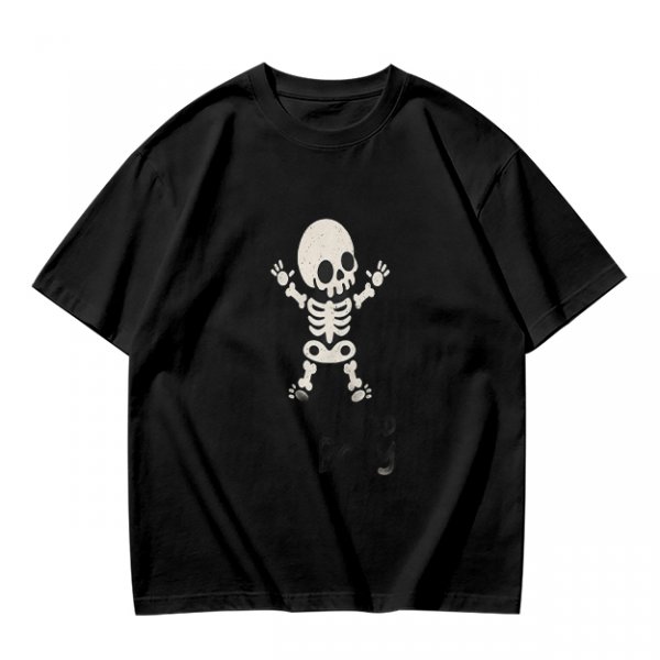 Olive green t-shirt with cute cartoon skeleton graphic