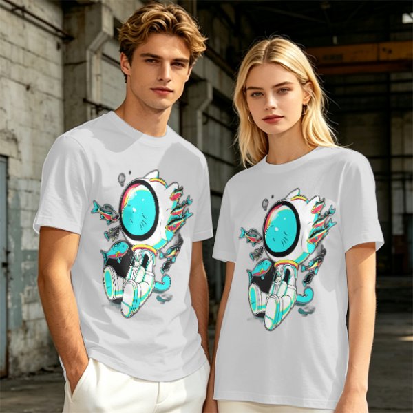 Olive T-Shirt with Astronaut Cat and Fish Graphic Print
