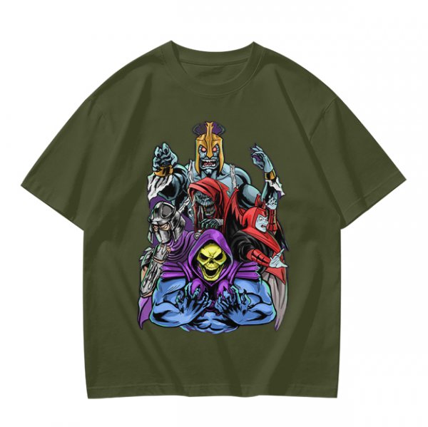 Olive T-shirt with Villainous Cartoon Character Group Print