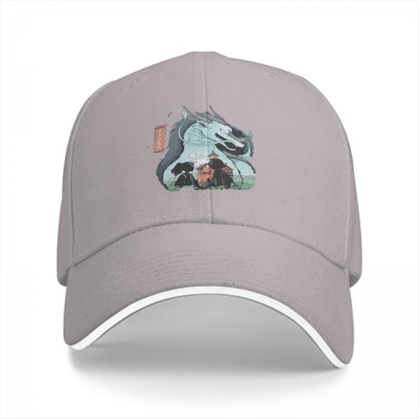 Black baseball cap with dragon and anime character graphic print
