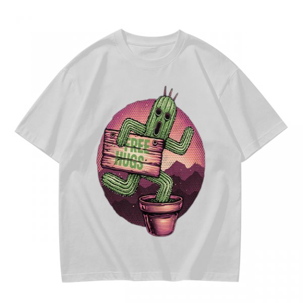 Olive T-shirt with Cartoon Cactus Free Hugs Desert Print