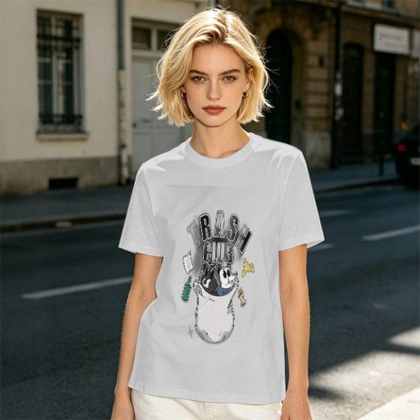 Olive graphic t-shirt with Trash Club raccoon and panda in trash can print