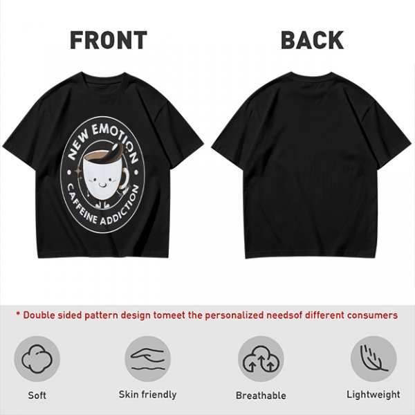 Olive t-shirt with 'New Emotion Caffeine Addiction' coffee cup graphic