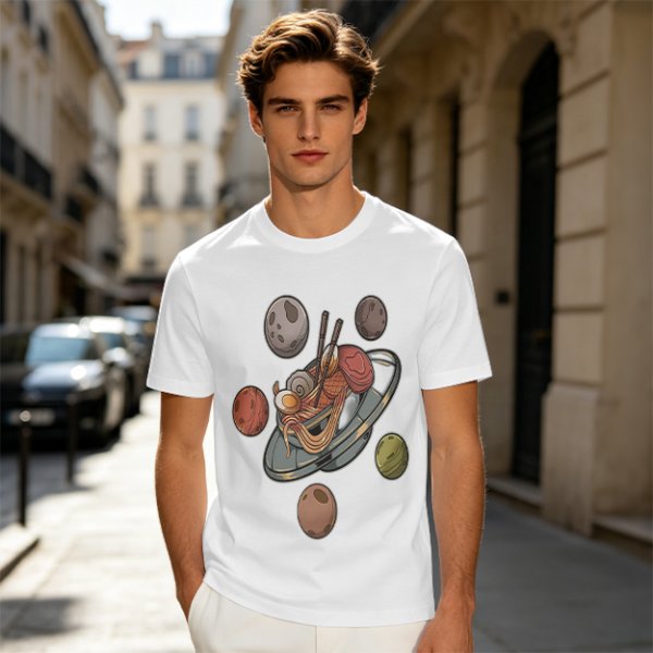 Olive green t-shirt with ramen planet space graphic print