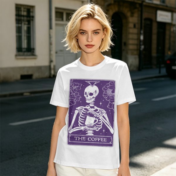 Olive T-Shirt With Skeleton Tarot Card 'The Coffee' Print