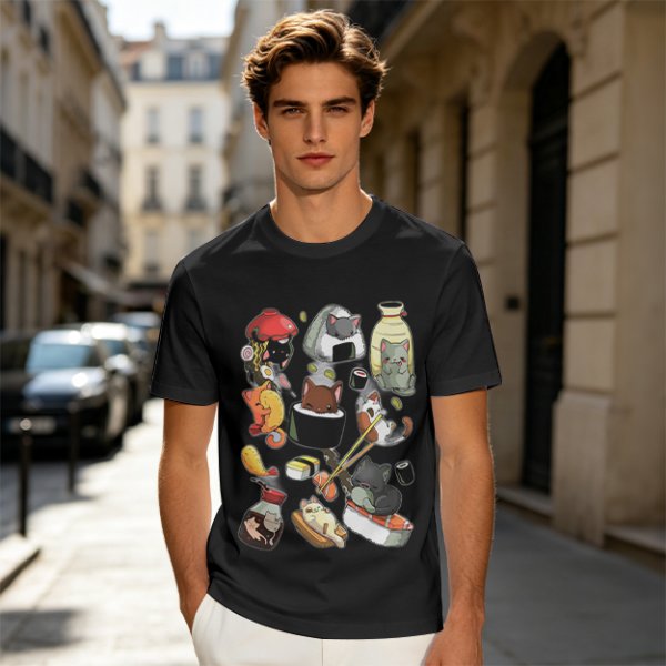 Olive T-Shirt With Cute Sushi Cat Illustrations