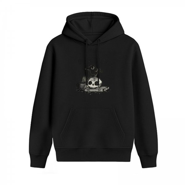 Black hoodie with skull crow book and coffee graphic design