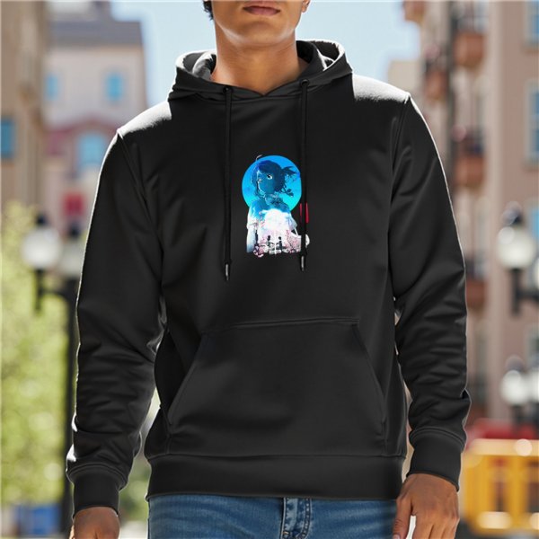 Black hoodie with anime-style blue character graphic print