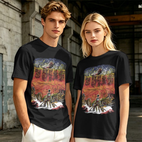 Olive T-shirt with Artistic Swirling Scene Print Featuring a Silhouetted Figure