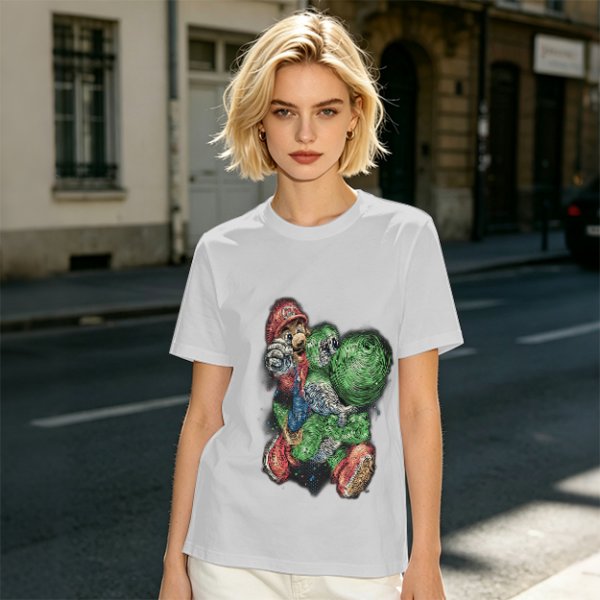 Olive T-shirt with Mario and Yoshi artistic graphic print