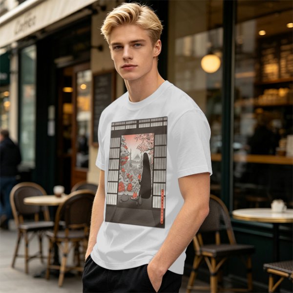 Olive T-Shirt with Japanese Shinto-inspired Window Landscape Print