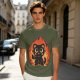 Olive T-Shirt With Cute Black Cat Thumbs Up On Flames Graphic