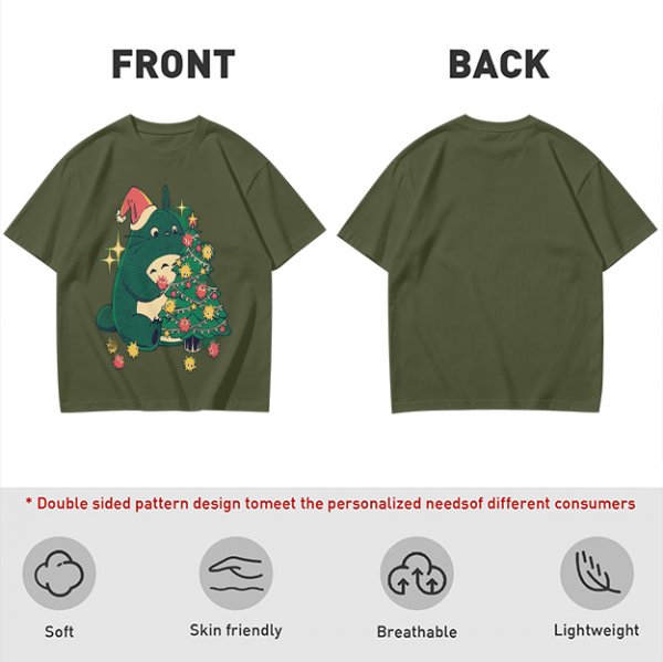 Olive Green T-Shirt With Christmas Totoro Decorating Tree Print