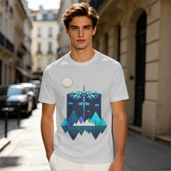 Olive T-Shirt With Geometric Dragonfly Mountain Night Scene Print