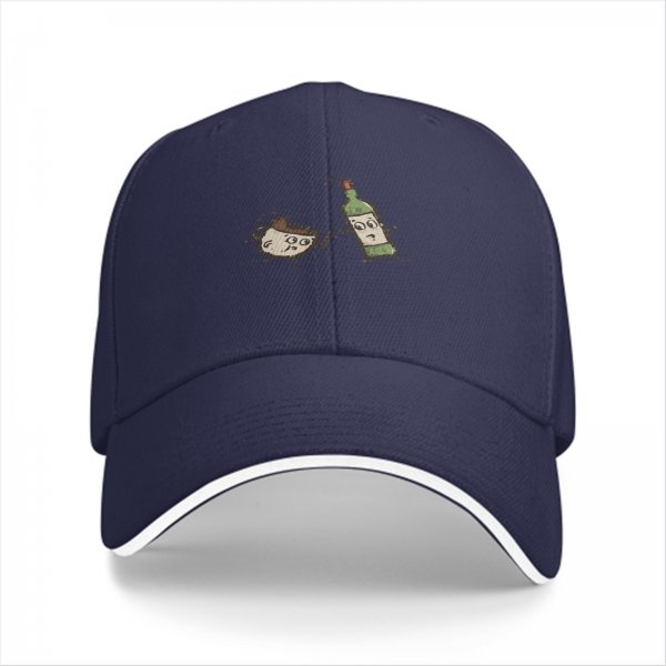 Black baseball cap with cartoon coffee cup and wine bottle graphic