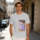 Olive green t-shirt with three-eyed cat couch killer tarot-style graphic