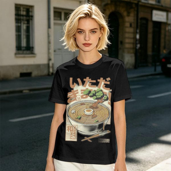 Olive green t-shirt with zen ramen bowl and bonsai tree print