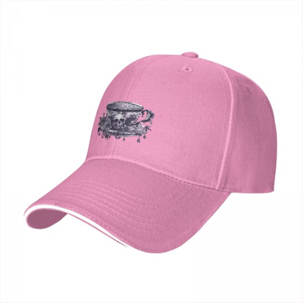 Black baseball cap with gothic teacup skull and rose print