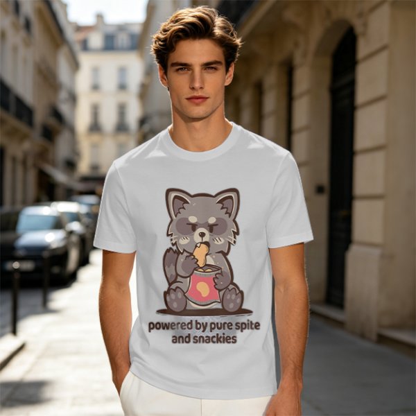 Olive t-shirt with a raccoon eating snacks and 'powered by pure spite and snackies' text