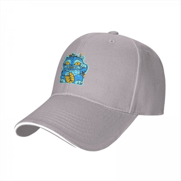 Black Baseball Cap With Blue Maneki-Neko Lucky Cat Graphic