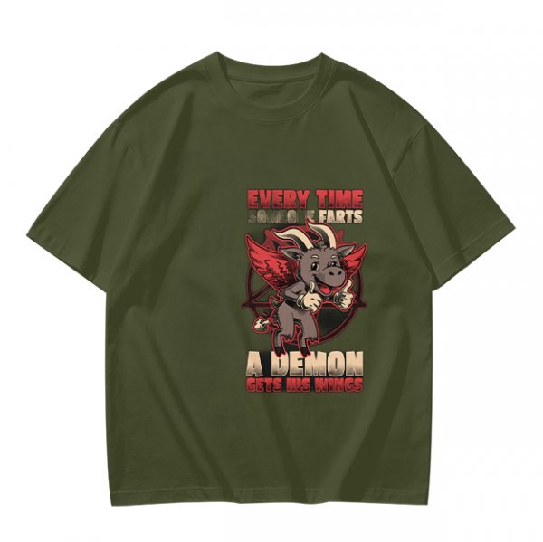 Olive t-shirt with funny demon goat fart joke graphic