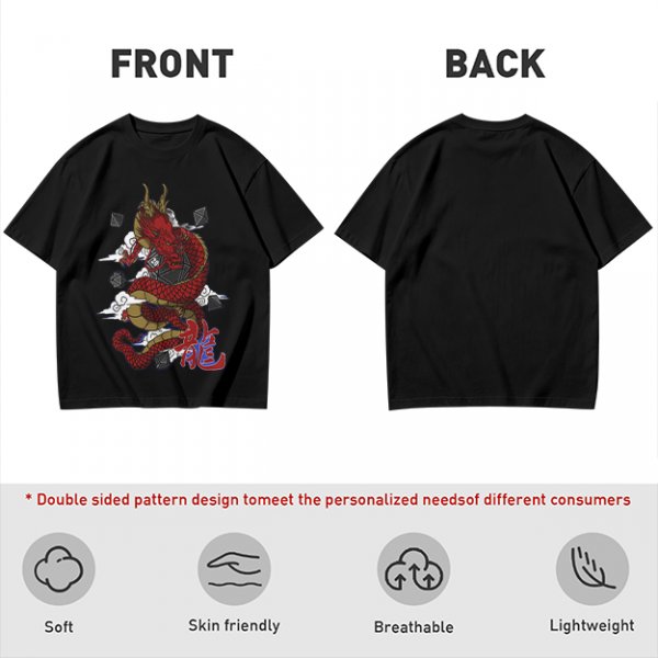 Olive T-shirt with Red Chinese Dragon and Cloud Graphic Print
