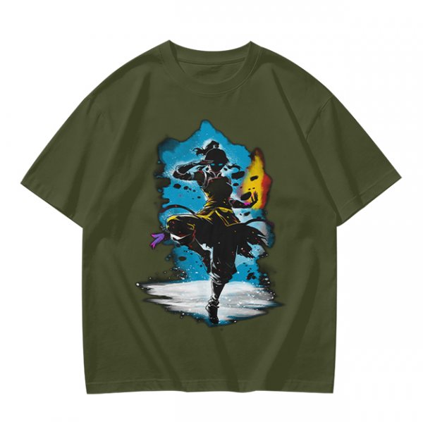 Olive T-Shirt With Fantasy Martial Artist Silhouette Graphic