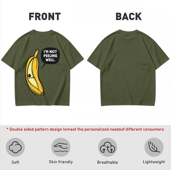Olive T-shirt with sad banana graphic reading I'm not peeling well