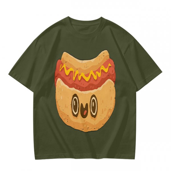 Olive T-Shirt With Cute Cartoon Hot Dog Graphic Print