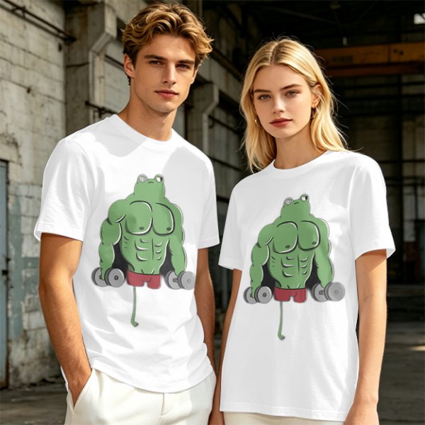 Oversized Army Green T-Shirt With Muscular Frog Lifting Dumbbells Print