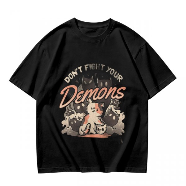 Olive graphic t-shirt with 'Don't Fight Your Demons' cat art