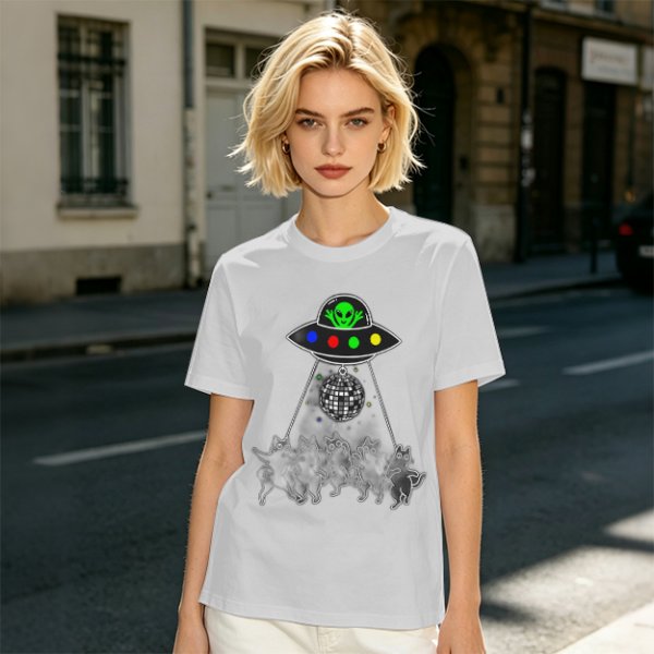 Olive T-shirt with UFO Alien and Disco Dancing Cats Print