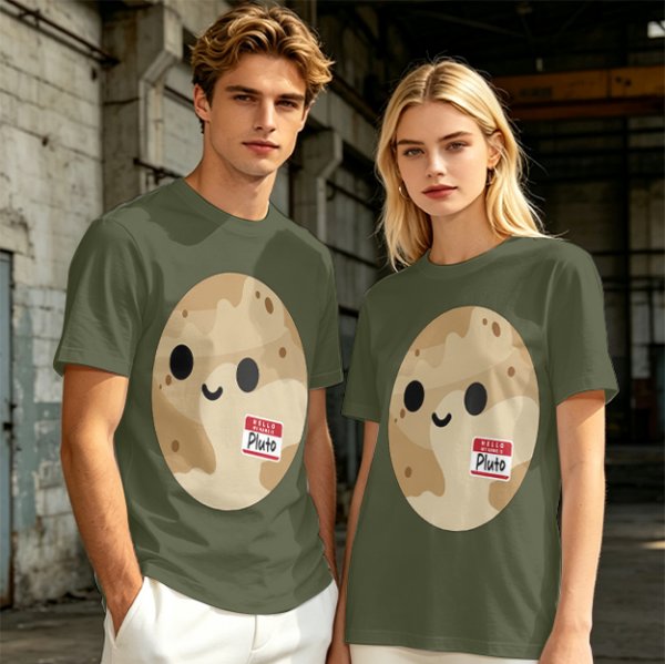 Olive T-Shirt With Cute Pluto Potato Character Graphic