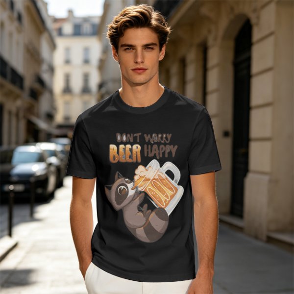 Oversized olive t-shirt with raccoon drinking beer graphic