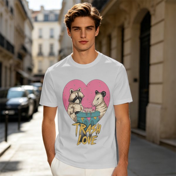 Olive Graphic T-Shirt with Raccoon and Opossum Trash Love Design