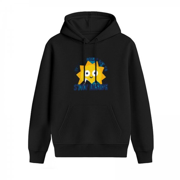 Black hoodie with cheerful sun graphic and 'stay inside' text