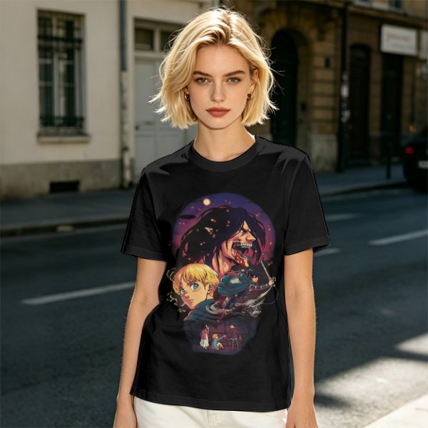 Attack on Titan themed graphic tee with anime character artwork
