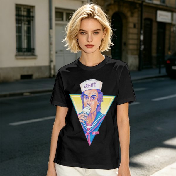 Olive T-Shirt with Steve Harrington Scoops Ahoy Ice Cream Graphic