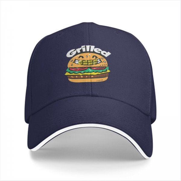 Black Baseball Cap With Grilled Smiling Burger Graphic