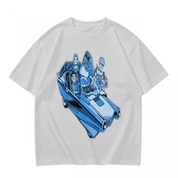 Olive T-shirt with retro blue cartoon car and characters graphic