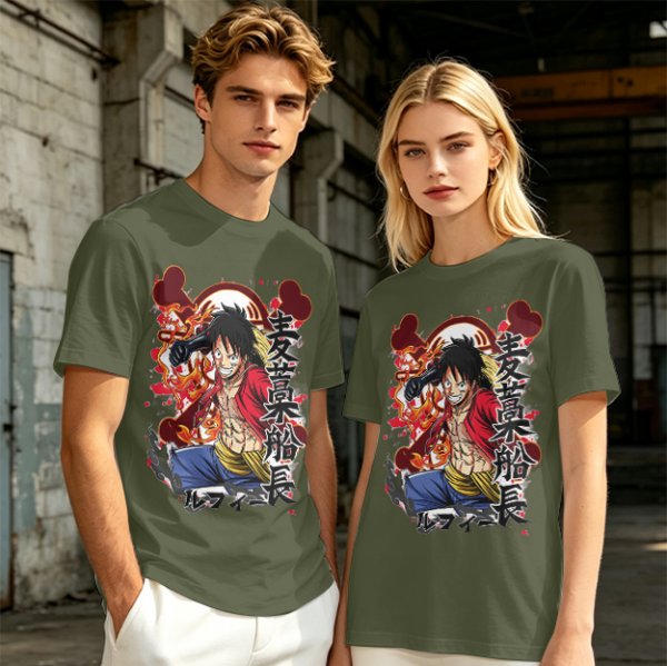 One Piece Monkey D. Luffy Graphic Print Olive T-Shirt