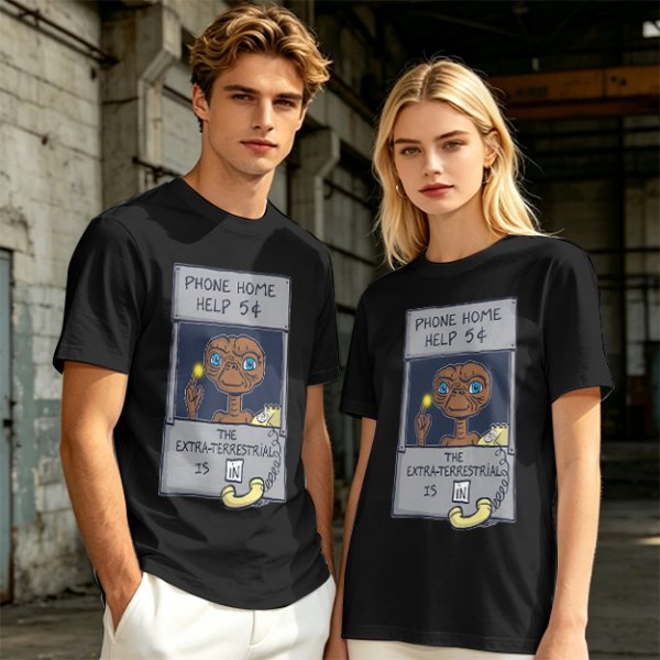 Olive green t-shirt with E.T. phone home graphic print