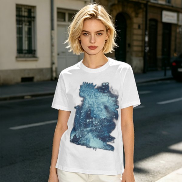 Olive Green T-Shirt With Abstract Blue Water-Inspired Print