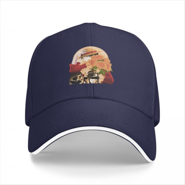 Black Baseball Cap With Anime Straw Hat And Sunflower Print