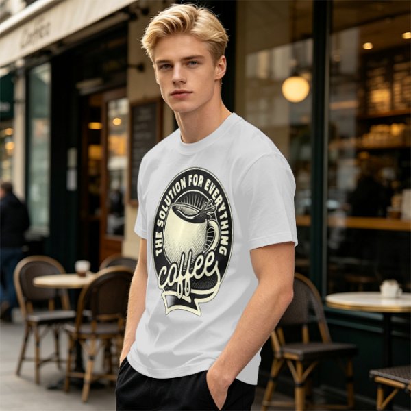 Olive t-shirt with coffee themed 'the solution for everything' print