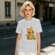Olive T-shirt with mischievous orange cat knocking over green cup print