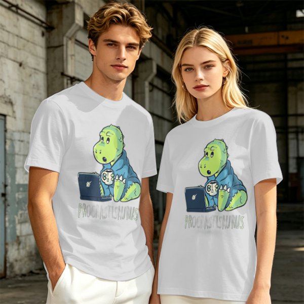 Olive t-shirt with a cartoon dinosaur working on laptop holding coffee