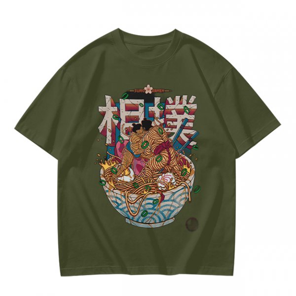 Olive T-shirt with Sumo Wrestler in Ramen Bowl Artwork